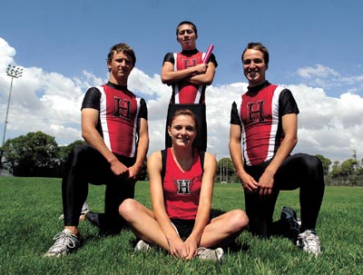 San Benito will send five athletes to the CIF Track and Field
State Championships today and Saturday at Veterans Memorial Stadium
on the Buchanan High School campus in Clovis. Above, beginning left
and moving clockwise, is Ryan Shorey (4x400), Justin Will
