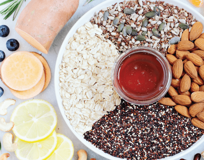 plate of sees, nuts, and healthy starches