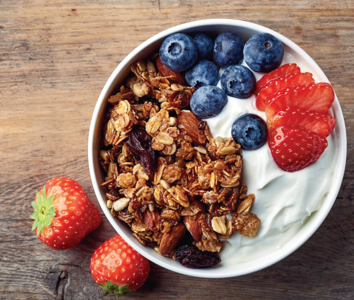 healthy bowl of full-fat yogurt with fruit and granola