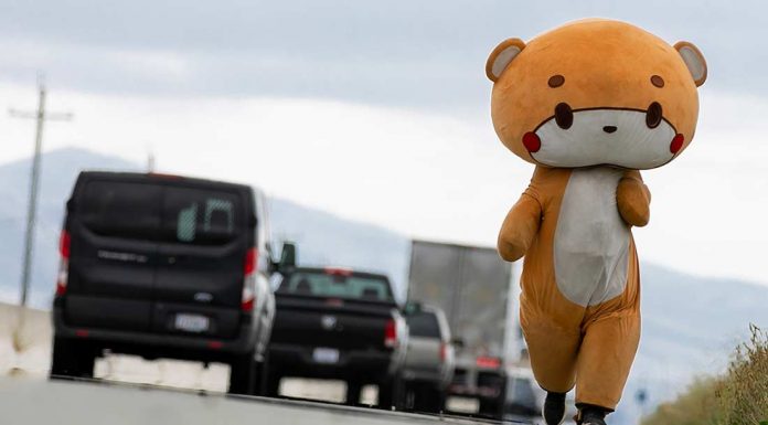 Giant teddy bear walks through South Valley