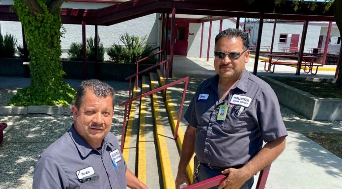 District staff install stair railings at Rancho San Justo