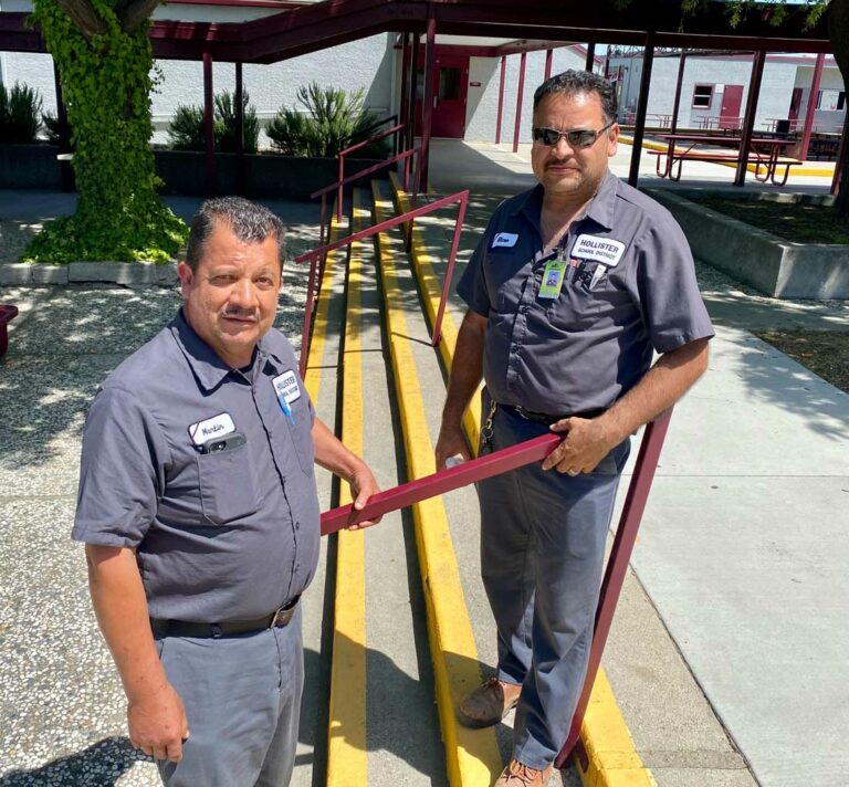 District staff install stair railings at Rancho San Justo