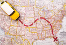Miniature car following a trail on a map, emphasizing how flexible work arrangements influence moving patterns