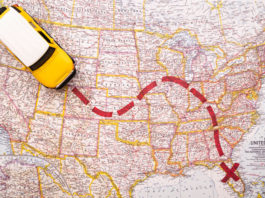 Miniature car following a trail on a map, emphasizing how flexible work arrangements influence moving patterns
