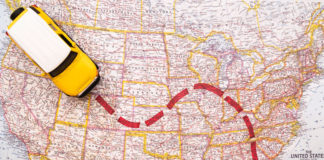 Miniature car following a trail on a map, emphasizing how flexible work arrangements influence moving patterns