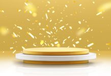 Gold podium and falling confetti winner background