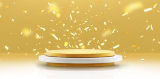Gold podium and falling confetti winner background