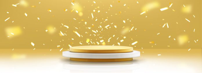 Gold podium and falling confetti winner background
